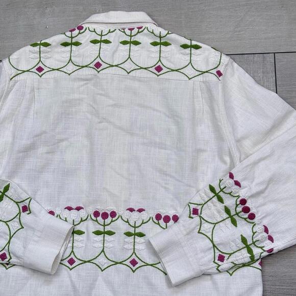 BODE Mens White Embroidered Nouveau Fleur Shirt Size L/XL plain-woven linen Boho - Picture 7 of 15